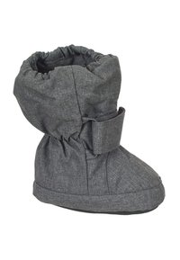 Grauer Stoffstiefel mit gerafftem oberen Teil und Klettverschluss. Weicher Stoff und gepolstertes Design, mit einer robusten schwarzen Sohle für guten Halt.