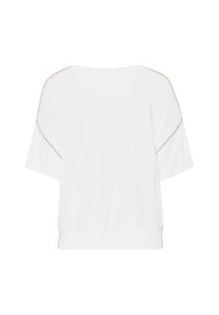Witte blouse met korte mouwen en een losse pasvorm, voorzien van contrasterende beige biezen langs de schoudernaden en een geplooide zoom.