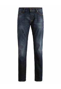 Jeans de mezclilla de un azul oscuro con un corte recto, que presentan un ligero desgaste y marcas de uso. La costura es de un naranja contrastante; diseño de cinco bolsillos.