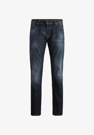 Dunkelblaue Jeans aus Denim mit geradem Schnitt, die subtile Verblassungen und Wischspuren aufweisen. Die Nähte sind in auffälligem Orange gehalten; Fünf-Taschen-Design.