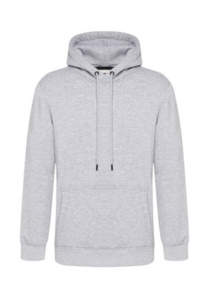 Light gray hoodie made of cotton blend, featuring a front pocket, adjustable drawstring hood, and ribbed cuffs and hem.