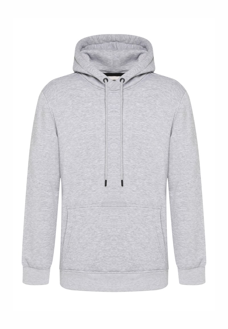 Lys grå hoodie lavet af en bomuldsblanding, med en forlomma, justerbar snoretræk til hætten og ribbede manchetter og kant.
