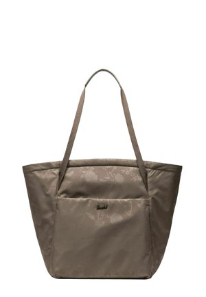 Sac cabas taupe avec un motif floral subtil, deux bretelles, et une poche avant avec un petit logo métallique.