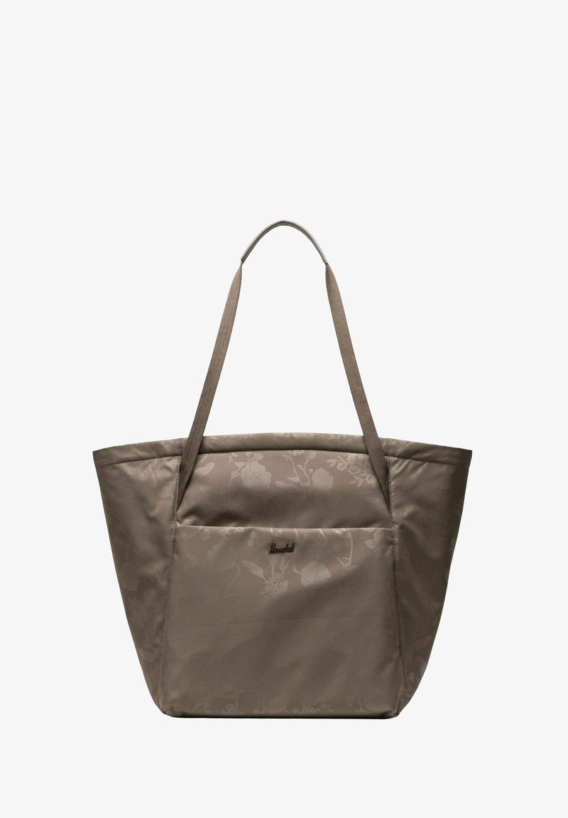 Sac cabas taupe avec un motif floral subtil, deux bretelles, et une poche avant avec un petit logo métallique.