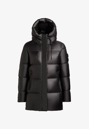 Black puffer coat with a high collar and oversized hood. Features zippered pockets and a smooth, shiny exterior with a quilted design.
