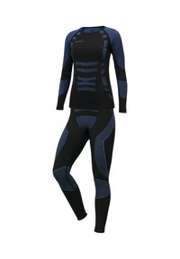 Black activewear set featuring a long-sleeve top and leggings. Textured blue accents and patterns, with a fitted design for performance.