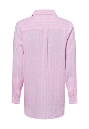 Light pink long-sleeve shirt featuring white vertical stripes, collared design, and buttoned cuffs, made of lightweight fabric.