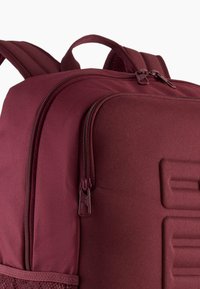 Burgundy backpack made of durable fabric featuring dual zippers, padded shoulder straps, and textured panel accents for added grip.
