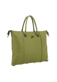 Borsa tote in pelle verde texture, con doppi manici, dettagli metallici e un piccolo logo al centro anteriore.