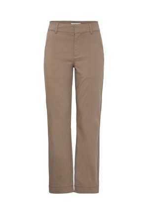 Pantalones caqui de algodón, con corte recto, lazos para cinturón, bolsillos frontales y un dobladillo limpio sin adornos visibles.