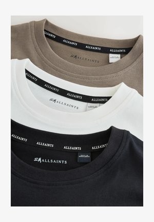 Tre t-shirts i khaki, hvid og sort, med rund hals og "ALLSAINTS" etiketter indvendigt. Blødt bomuldsstof.