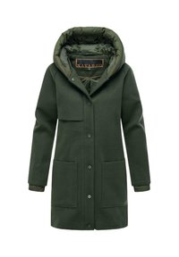 Manteau en mélange de laine vert avec une capuche gonflante, deux poches avant, fermeture à boutons et doublure contrastante. Dispose d'une étiquette de logo à l'intérieur.