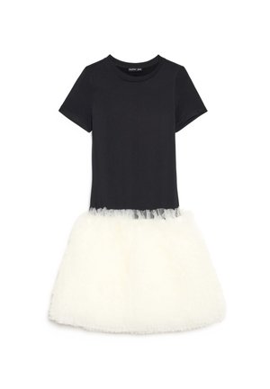 Rochie tip top neagră cu mâneci scurte, decolteu rotund și fustă din tull alb pufos atașată în talie.