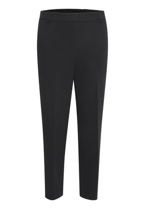 Zwarte taps toelopende nette broek met een middenhoge taille en zijzakken, afgebeeld tegen een effen witte achtergrond.