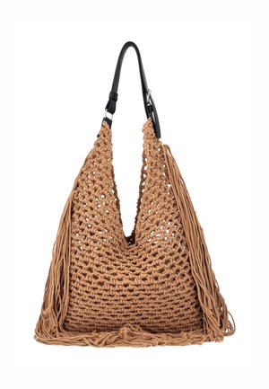 Borsa a tracolla marrone lavorata all'uncinetto con lunghe frange ai lati e tracolla nera regolabile.