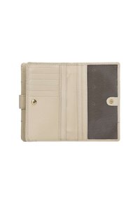 Portafoglio in pelle beige con più scomparti per carte, una tasca in rete e chiusura a scatto. Texture liscia con dettagli di cucitura discreti.
