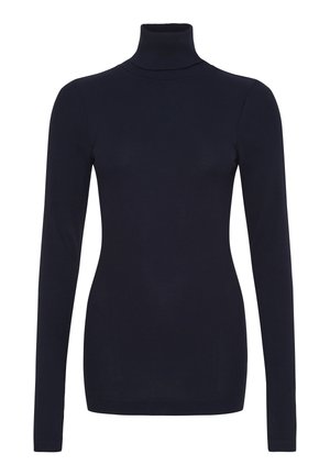 Marineblå turtleneck sweater lavet af ribbet stof, med lange ærmer og en tætsiddende pasform, samt en høj krave for ekstra varme.