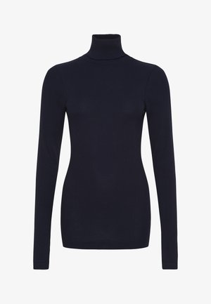 Marineblå turtleneck sweater lavet af ribbet stof, med lange ærmer og en tætsiddende pasform, samt en høj krave for ekstra varme.