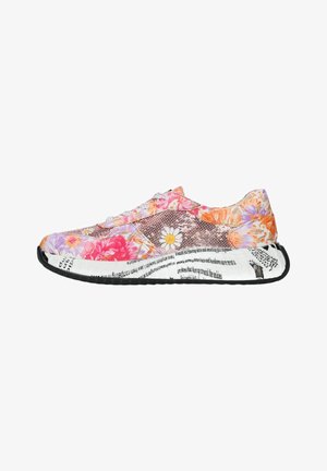 Baskets à motif floral présentant un mélange de teintes roses, orange et violettes. Tige texturée avec des sequins. Semelle en caoutchouc noir avec des accents imprimés.