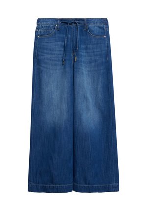 Szerokie niebieskie dżinsy z przednimi kieszeniami, talią ze ściągaczem i subtelnymi przetarciami.