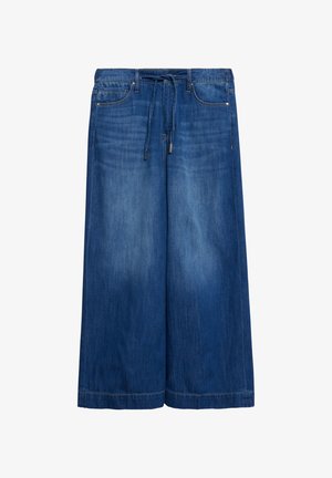 Szerokie niebieskie dżinsy z przednimi kieszeniami, talią ze ściągaczem i subtelnymi przetarciami.