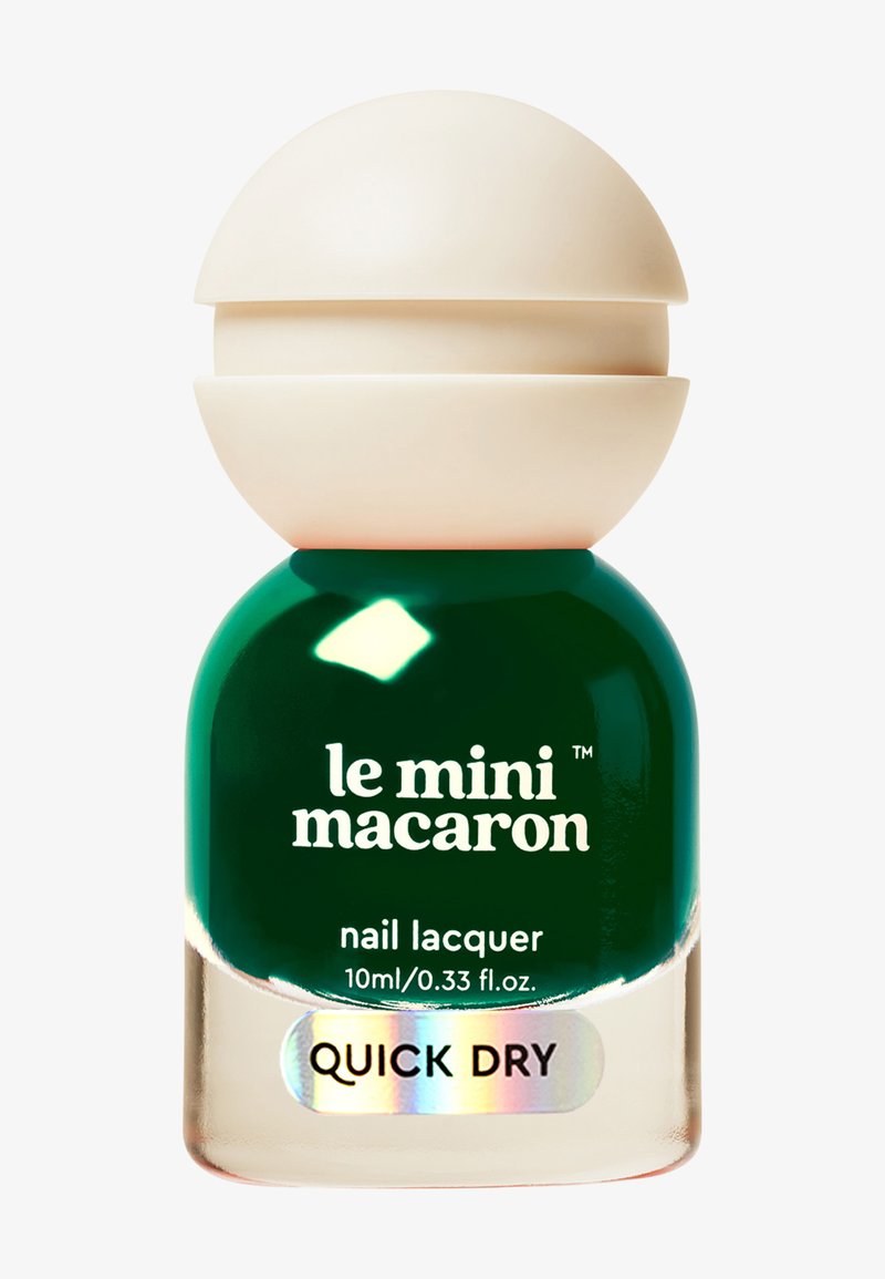 Bottiglia di smalto per unghie a asciugatura rapida "le mini macaron" di colore verde scuro con tappo rotondo color crema.