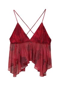 Top in chiffon rosso trasparente con fiori, spalline incrociate sottili e orlo asimmetrico svasato.