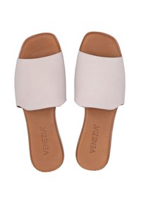 Lichtroze instapsandalen met een brede band, een glad leren bovenwerk en een bruine leren zool. Gekenmerkt met "VENEZIA" op de binnenzool.