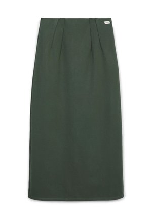 Jupe midi droite vert foncé avec plis sur le devant et une petite étiquette blanche près de la taille sur un fond blanc.