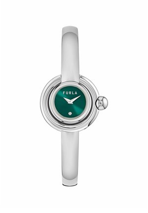 Ceas de mână Furla argintiu cu o curea îngustă și cadran rotund mic verde, afișând ora 10:10, fără cifre pe față.