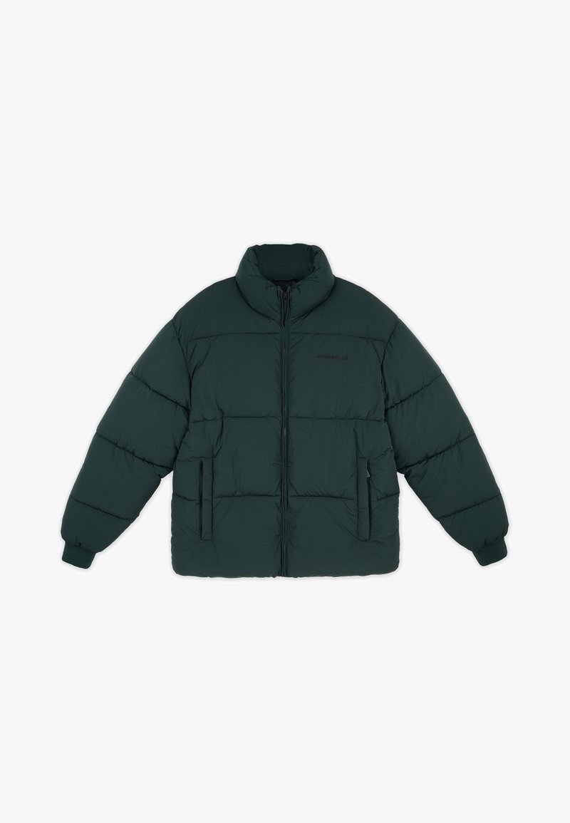 Grüne Pufferjacke mit hohem Kragen, Frontreißverschluss und zwei seitlichen Taschen. Verfügt über horizontale Steppbereiche und elastische Bündchen.