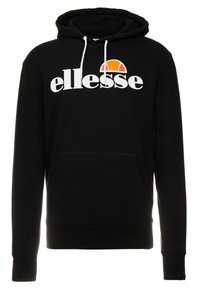 Sudadera negra con un destacado logotipo blanco de "ellesse" y un gráfico en forma de semicírculo naranja. Incluye un bolsillo frontal y puños acanalados.