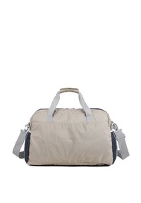 Borsa duffel in nylon beige con manici grigi, tracolla regolabile e dettagli blu. Presenta una chiusura superiore con zip e una finitura morbida e testurizzata.