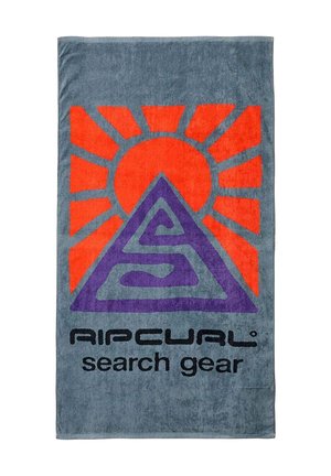Blåt håndklæde med orange solstråler og lilla trekantet logo over sort "Rip Curl search gear" tekst.