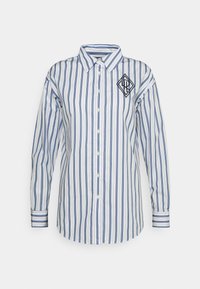 Button-up shirt in white and blue stripes, featuring long sleeves, a classic collar, and a diamond-shaped logo on the left chest.