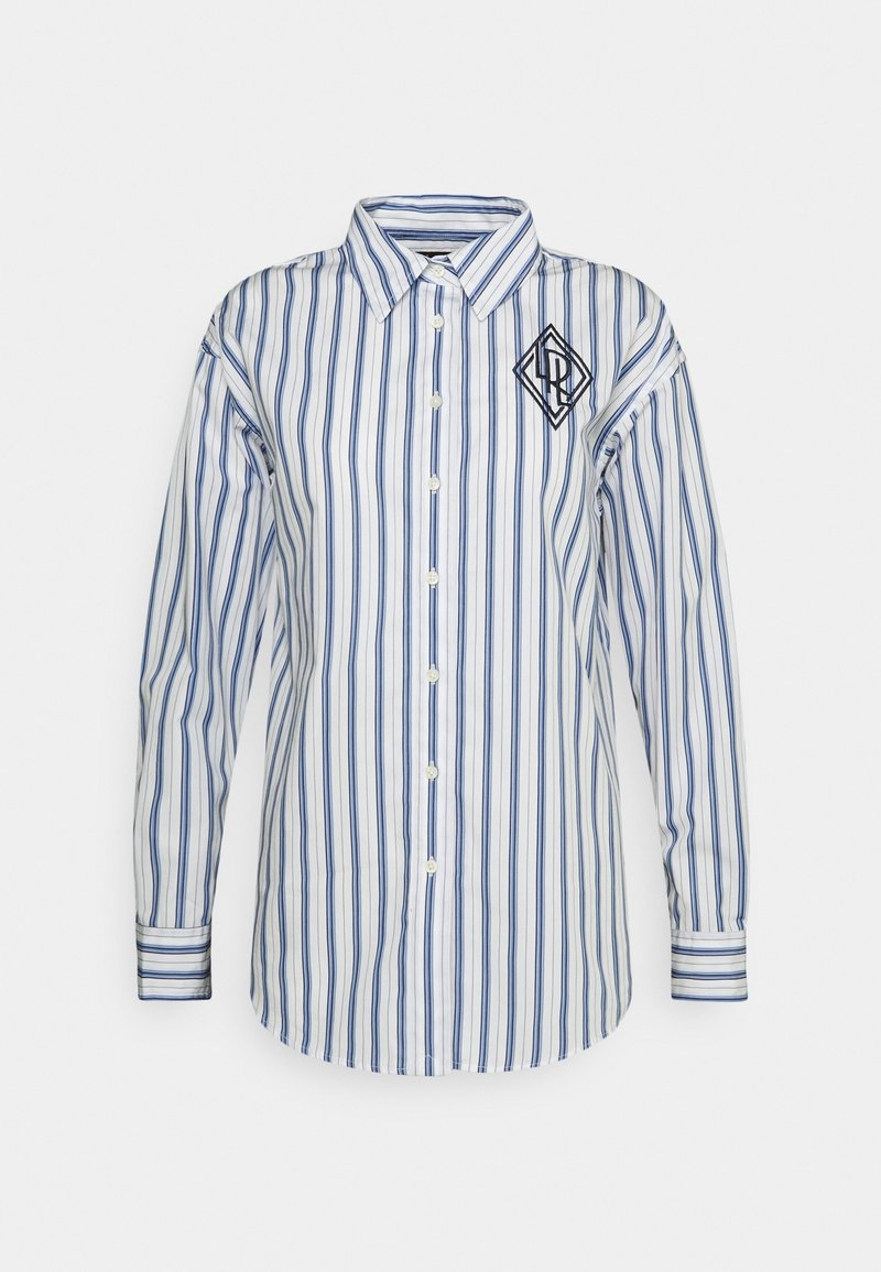 Button-up shirt in white and blue stripes, featuring long sleeves, a classic collar, and a diamond-shaped logo on the left chest.