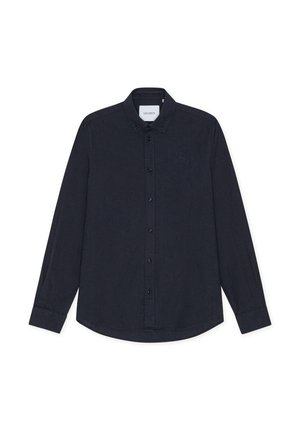 Σκούρο μπλε μπλούζα με μακριά μανίκια από βαμβάκι, με γιακά με κουμπιά, εμπρός κουμπωτό άνοιγμα και μικρό λογότυπο στο στήθος.