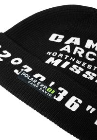 Black knitted beanie featuring white block text and numbers. A label at the bottom includes "POLAR EXP 01 CAMP DAVID." Textured pattern throughout.