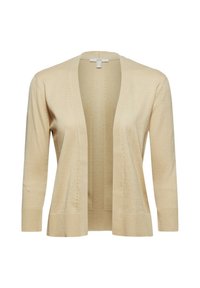 Cardigan beige à ouverture frontale, manches longues, tissu en maille légère, avec des détails subtils de couture verticale sur les panneaux avant.