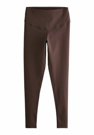 Barna, magas derékú, teljes hosszúságú leggings lapos varrásokkal és széles derékpánttal, szűk illeszkedéshez tervezve.