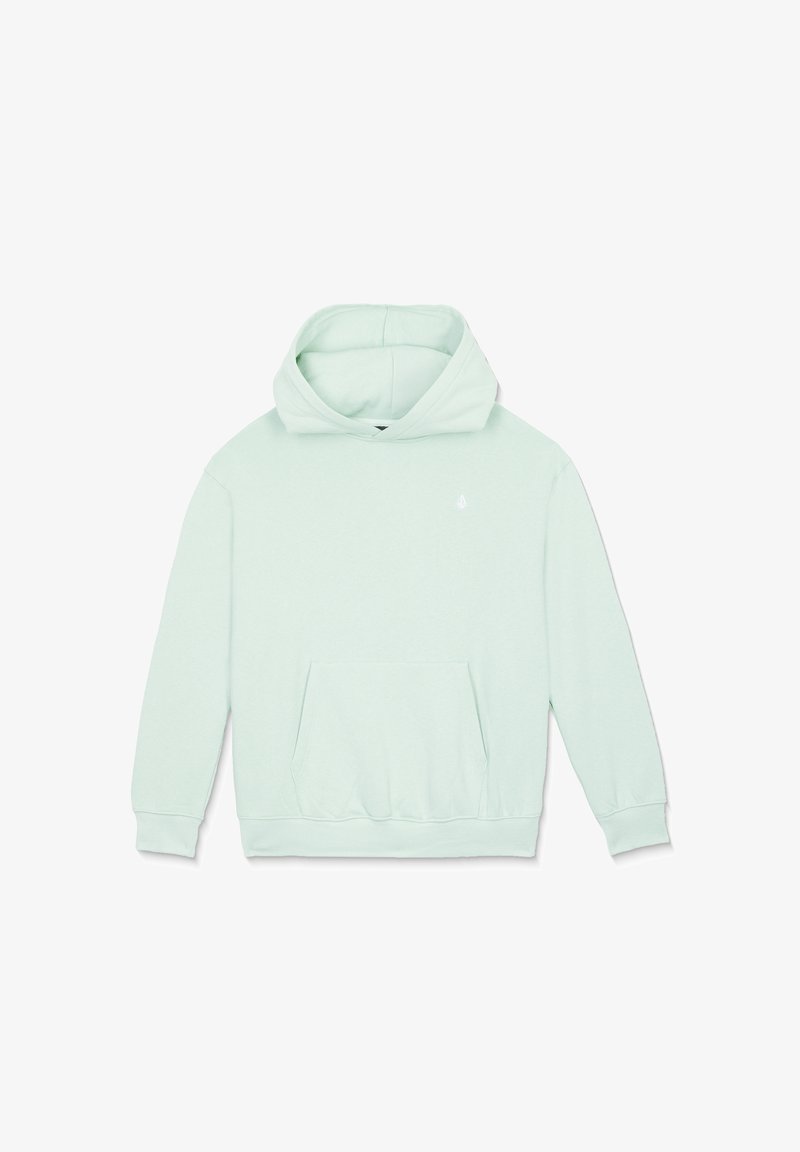 Sweat à capuche vert clair à manches longues avec poche kangourou avant, étalé à plat sur fond blanc.