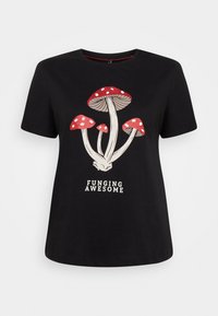 Camiseta negra de manga corta con un gráfico de tres setas rojas con manchas blancas y el texto "FUNGING AWESOME" debajo.