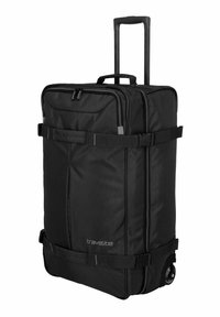 Valigia nera con ruote realizzata in tessuto resistente, dotata di manico telescopico regolabile, cinghie laterali e ruote scorrevoli per una maggiore mobilità.