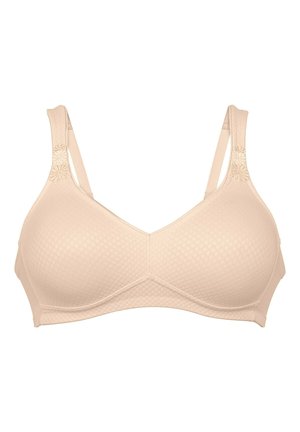 Naakte bh met textielstructuur, zachte cups en bloemenaccenten op de banden. Bevat een V-hals ontwerp en verstelbare banden.