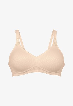 Naakte bh met textielstructuur, zachte cups en bloemenaccenten op de banden. Bevat een V-hals ontwerp en verstelbare banden.