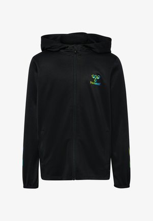 Czarna bluza z kapturem zapinana na zamek, wykonana z miękkiego materiału. Posiada zielono-niebieskie logo z przodu, boczne kieszenie oraz elastyczne mankiety dla lepszego dopasowania.