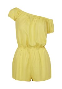 Kollane õlalt langenud jumpsuit, mis on valmistatud kerge materjali eest, kus on elastne vöökoht ja lühikesed varrukad koos kogumise detailidega.