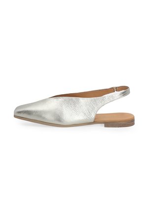 Silver slingback flats with a pointed toe, made of textured leather, featuring a low stacked heel and an open back design.