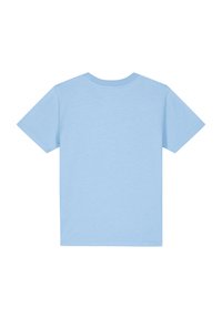 T-shirt bleu clair à manches courtes en coton doux, avec un col rond et un dos uni sans motifs ni designs.