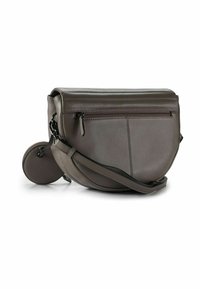 Borsa a tracolla in pelle grigia con forma rotonda, tasca frontale con zip e portamonete rotondo staccabile. Presenta una tracolla regolabile e una texture liscia.